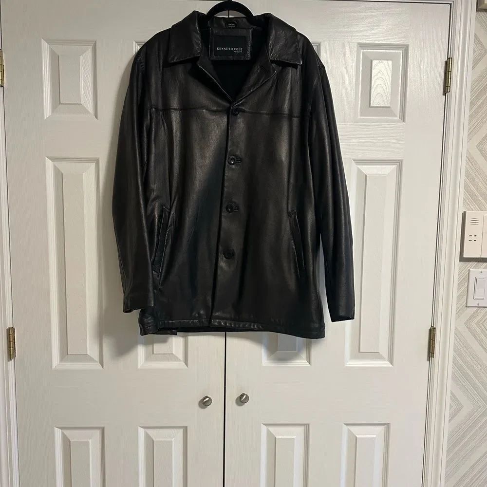 Kenneth Cole Black Leather Button Down Jacket Size Large